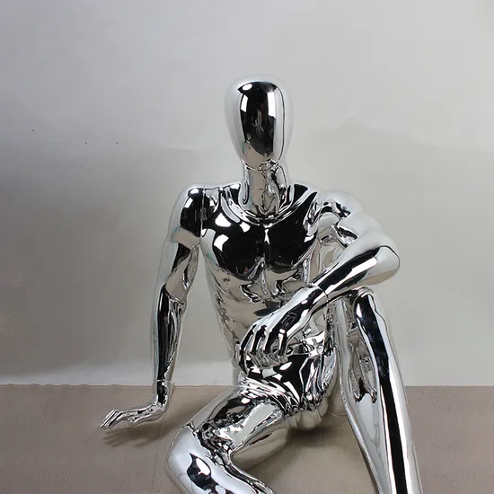 Customized Egg Head Male Full Body Display Fiberglass Electroplating Sitting Mannequin 