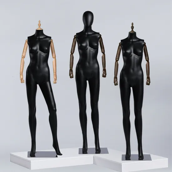 Black Fiberglass Female Mannequin with Wooden Hands for Clothing Display 